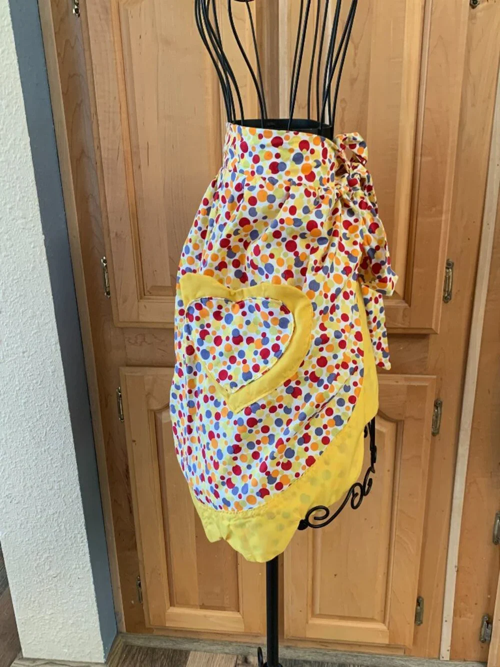 Handmade Polka Dot Waist Apron with Yellow Trim and Heart Shaped Pocket